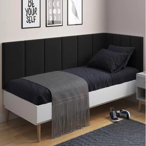Conjunto Cabeceira Painel Estofada Cama de Solteiro - Corino Preto