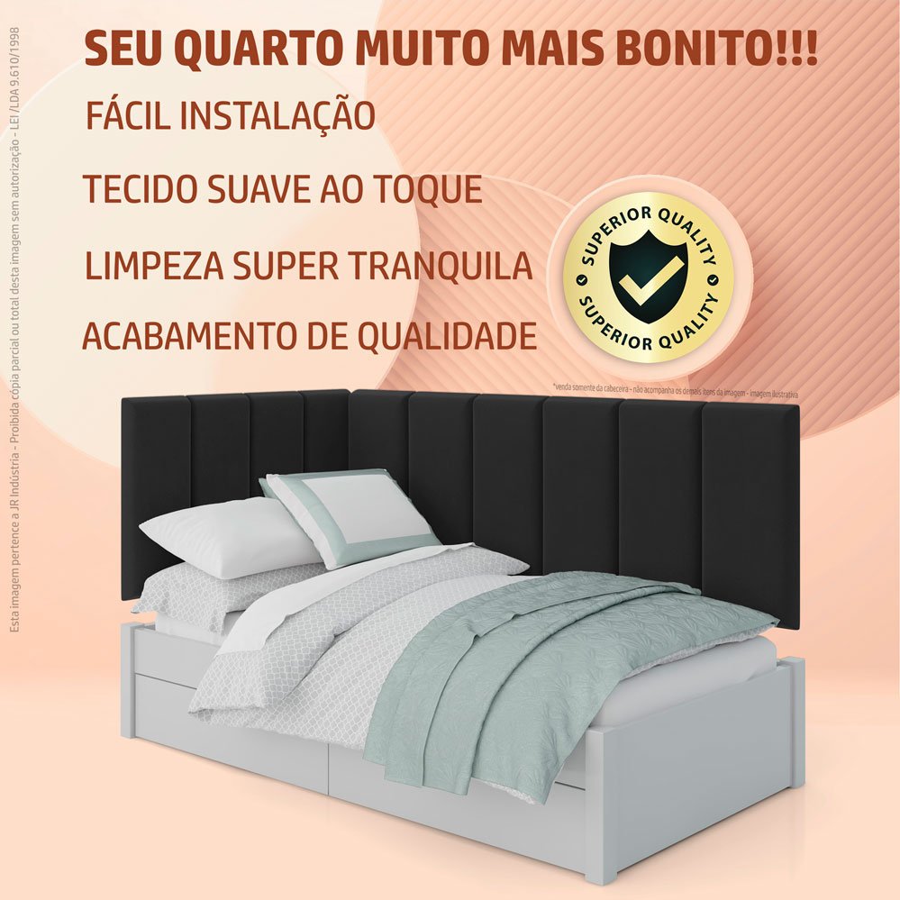 Conjunto Cabeceira Painel Estofada Cama de Solteiro - Corino Preto - 4