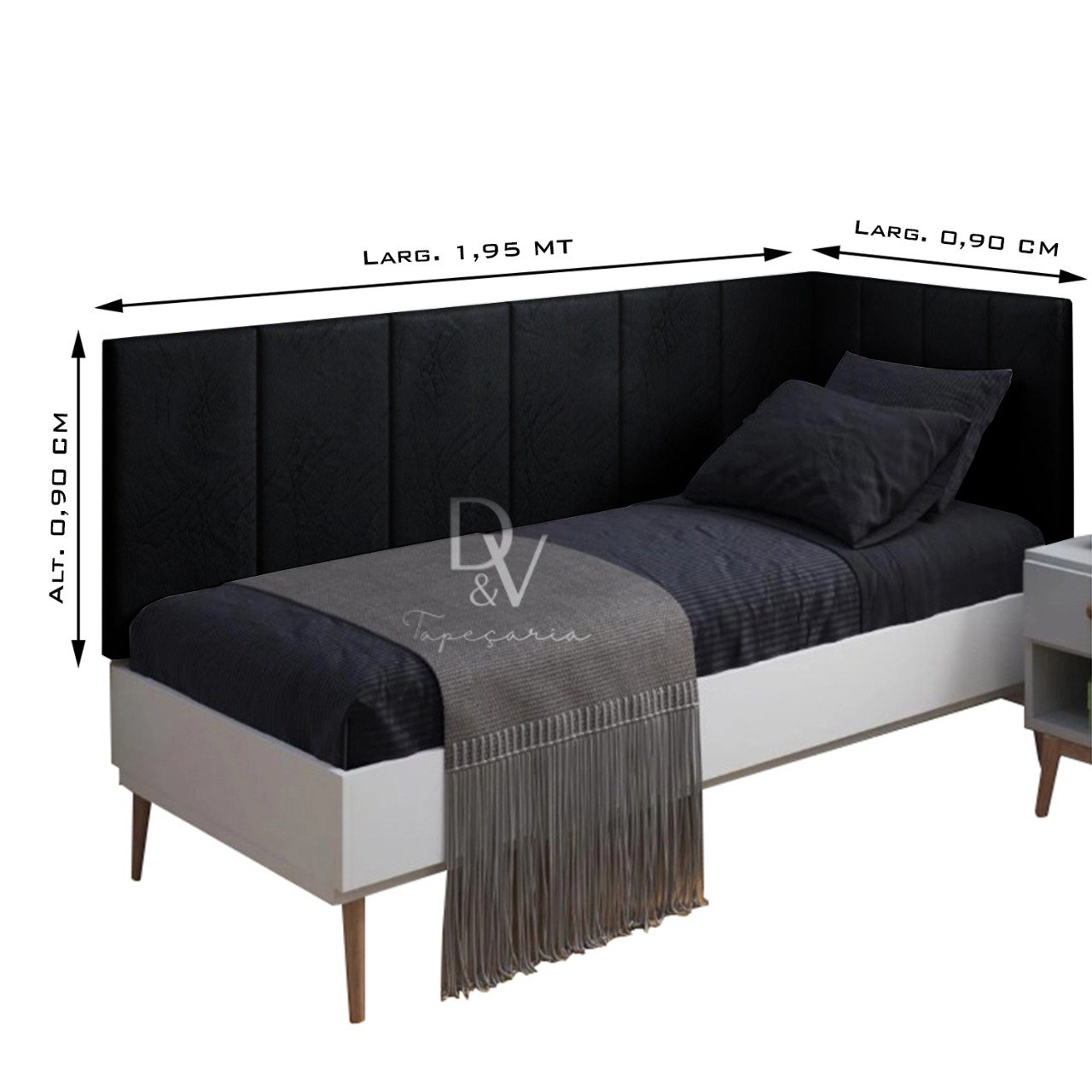 Conjunto Cabeceira Painel Estofada Cama de Solteiro - Corino Preto - 2