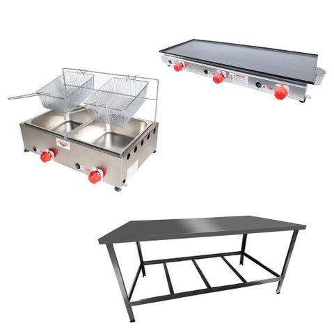 Kit Lanchonete Mesa de Manipulação 120x55cm + Fritadeira a Gás 2 Cuba + Chapa a Gás 90cm