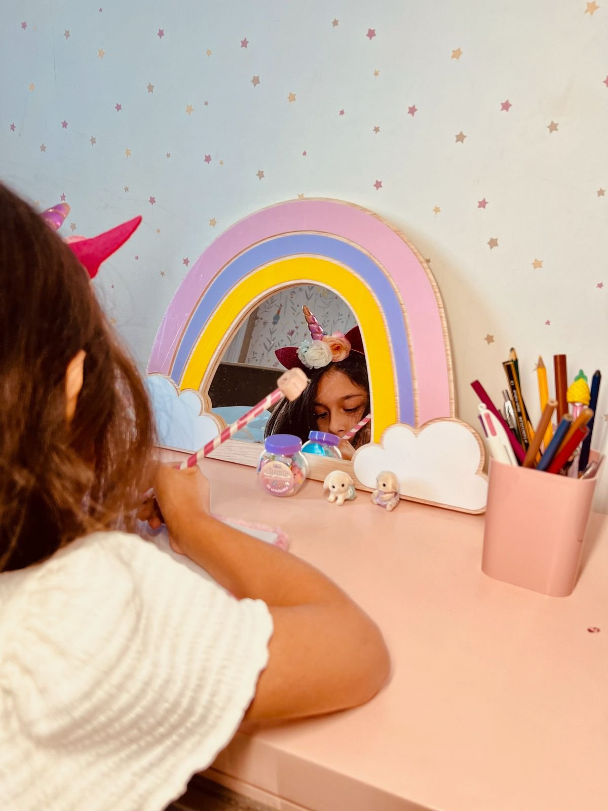 Espelho Decorativo Infantil Quarto Criança Menina Arco Iris Maquiagem Madeira Acrílico - 3