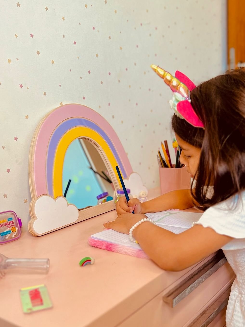 Espelho Decorativo Infantil Quarto Criança Menina Arco Iris Maquiagem Madeira Acrílico - 6