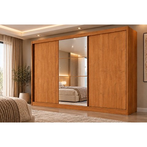 Guarda Roupa Casal com Espelho 3 Portas 6 Gavetas Wood Marrom/Cinamomo