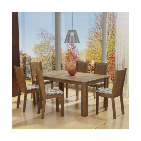 Conjunto Sala de Jantar Madesa Analu Mesa Tampo de Madeira com 6 Cadeiras Rustic/Floral Hibiscos Cor