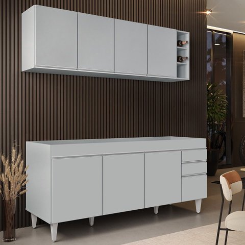 Armário de Cozinha Nevada e Balcão para Pia 180cm Dallas Cinza Claro - Lumil