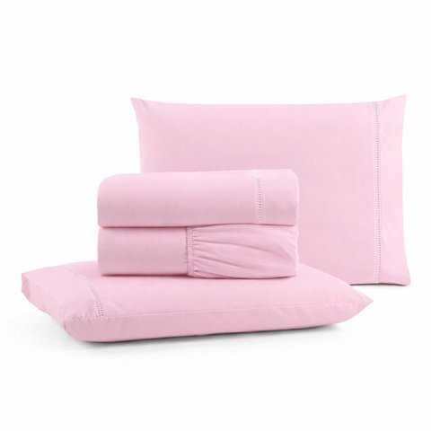 Jogo de Lençol Casal Padrão Premium Soft 600 Fios Micropercal Rosa Bebê Ponto Palito Toque Macio 4 P
