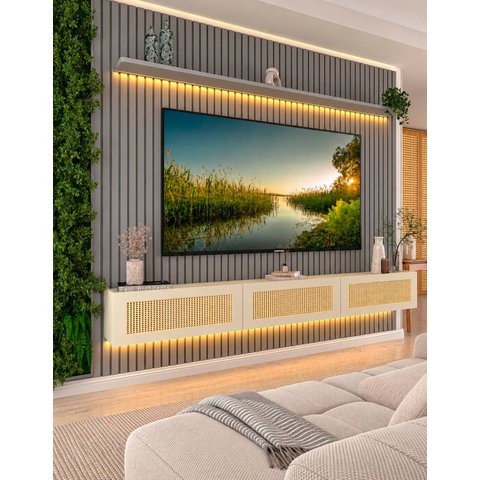 Conjunto Módulo Home Painel Ripado Nicho Suspenso Palina 230 Cor:Offwhite/Cinza