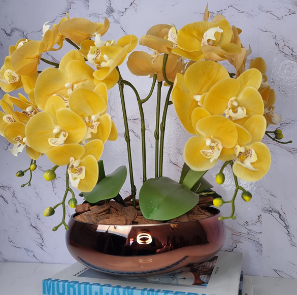 Arranjo Com 4 Orquídeas Amarela Vaso Cobre 28cm - 1