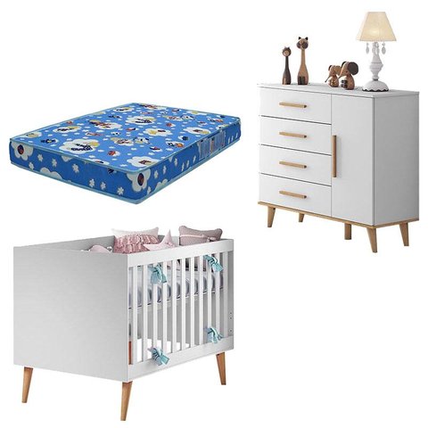 Berço Americano e Cômoda Infantil Ludmila Branco Bétula com Colchão Ortobom – Carolina
