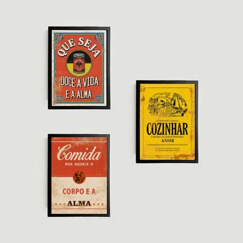 Kit 3 Quadros Cozinha Retrô 45x34cm - com vidro:Madeira preta