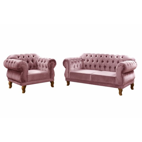 Conjunto Duquesa Chesterfield 2 Lugares + 1 Poltrona Vintage - Veludo Rosê