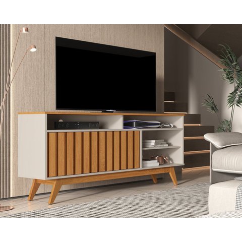 Rack Ripado para TV até 50 Polegadas MDF 136cm Pés em Madeira Maciça Turin Bege