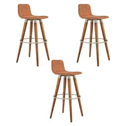 Kit 3 Banquetas Altas Luxo Versatil Aço Champanhe Linho Terracota Base Carvalho - 2