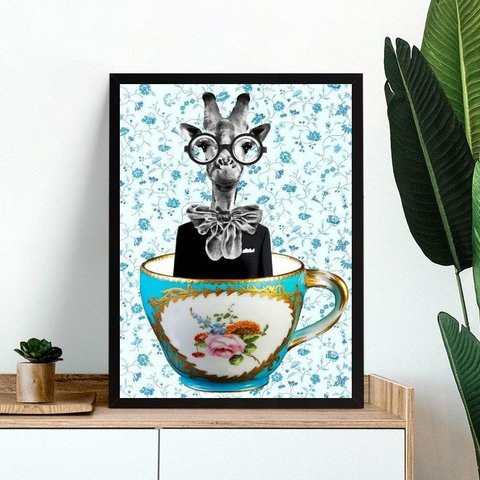 Quadro Decorativo Cozinha Vintage - Girafa Xícara 24x18cm - com Vidro:moldura Preta