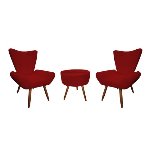 Kit 2 Poltronas Decorativa Emilia + Puff Redondo Suede Vermelho Pés Madeira Mz Decor