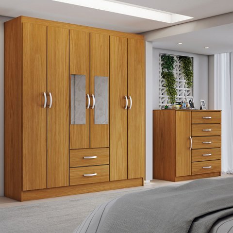Guarda-roupa Casal Claire 6 Portas 2 Gavetas e Espelho com Cômoda 1 Porta 5 Gavetas Cinamomo - Panor