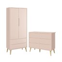 Ver imagem 1 de Jogo de Quarto Infantil Theo Guarda Roupa 2 Portas e Cômoda 6 Gaveta Rosa Fosco com Pés Madeira Natu
