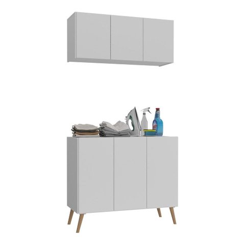 Conjunto Lavanderia Retrô Multiuso Armário Aéreo e Balcão 3 Portas Multimóveis Mp5050 Branco/