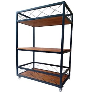 Carrinho Aparador Auxiliar Estilo Industrial de Ferro e Madeira com 3 Prateleiras e 4 Rodízios
