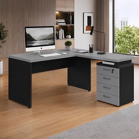 Mesa em L Escritório 150cm Gaveteiro 4 Gavetas Cinza Sagrado com Preto F5 Office