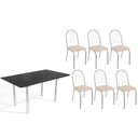 Ver imagem 1 de Conjunto: Mesa Sala Jantar Elba Tampo Madeirado C/ Vidro 160cm e 6 Cadeiras Noruega Cromada/preto -