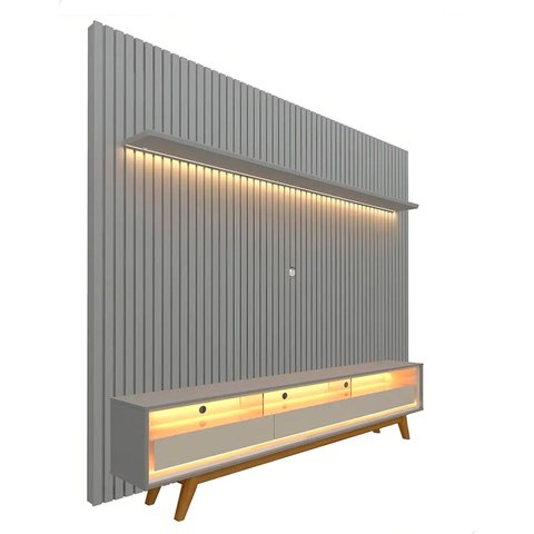 Conjunto Painel Ripado Tv até 75 e Rack Pés Madeira Duque Cor:cinza