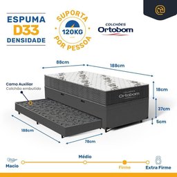 Cama Box Baú com Colchão de Espuma D33 Ortobom Airtech 100 + Auxiliar Unique Solteiro 88cm - 4