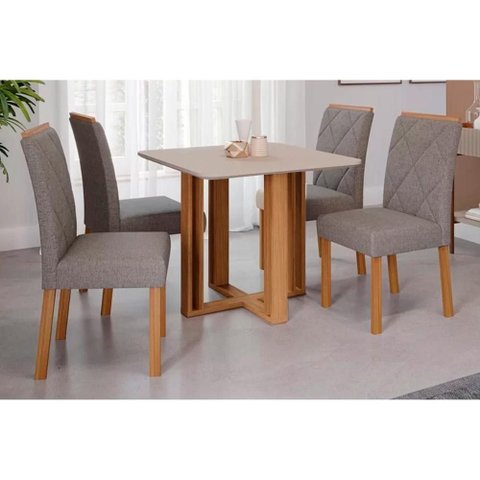 Conjunto: Mesa Sala Jantar Flora C/ Tampo Madeirado C/ Vidro 95x95cm e 4 Cadeiras Fernanda Madeirado