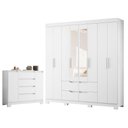 Ver imagem 1 de Guarda Roupa Casal Doble 8 Portas de Bater com Espelho e Cômoda Sapateira 4 Gavetas MDP Branco Flex