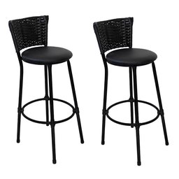 Conjunto 2 Banqueta Alta Preta com Encosto Junco, Aço Carbono, Assento Estofado D28 - 2