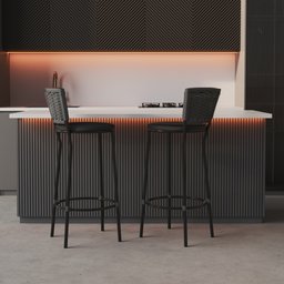 Conjunto 2 Banqueta Alta Preta com Encosto Junco, Aço Carbono, Assento Estofado D28 - 1