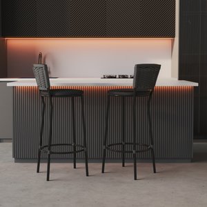 Conjunto 2 Banqueta Alta Preta com Encosto Junco, Aço Carbono, Assento Estofado D28