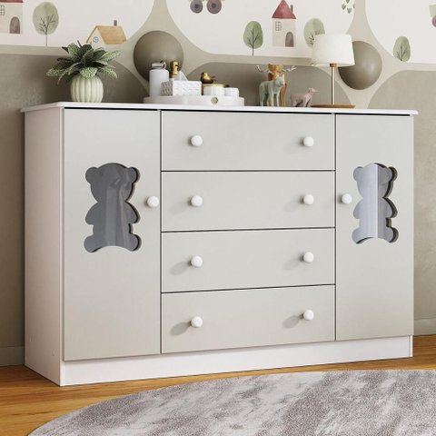 Cômoda Infantil 125cm 2 Portas com Vidro e 4 Gavetas Teddy Multimóveis Mp4490 Branco/off White