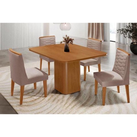 Conjunto: Mesa de Cozinha Maldivas C/ Tampo Madeirado Canto Curvo 90x90cm e 4 Cadeiras Maldivas