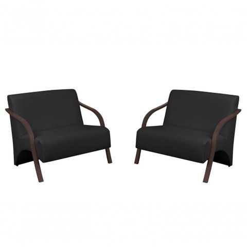 Kit 2 Poltronas 2 Lugares Braço Madeira Preto