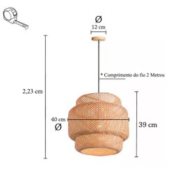 3 Pendente em Fibra Natural Artesanal de Bambu E27 Sala Quarto Nat03 - 7