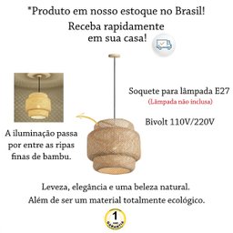 3 Pendente em Fibra Natural Artesanal de Bambu E27 Sala Quarto Nat03 - 2