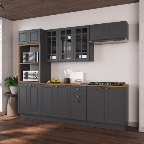Armário de Cozinha Modulada Completa Fidelitá Nara 100% MDF 5 Peças 270cm 14 Portas 2 Gavetas com