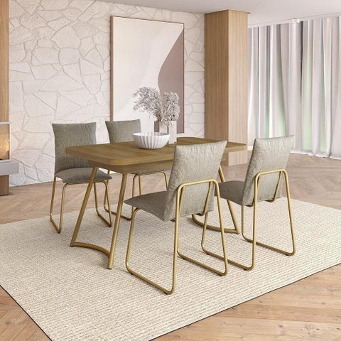 Conjunto Sala de Jantar Amara 4 Lugares Tampo MDP Cadeiras Tecidos Premium Dourado 130cm Móveis