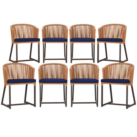 8 Cadeiras de Jantar Área Noronha em Alumínio com Pintura Marrom Corda Náutica Estofado 10 Trama Ori