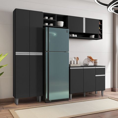 Cozinha Compacta Vanessa 230cm Preto Ajl Móveis