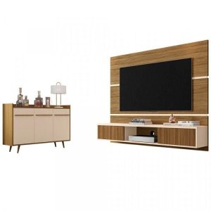 Conjunto Painel Âmbar para TV até 65 Polegadas e Buffet Quartzo Pés de Madeira 