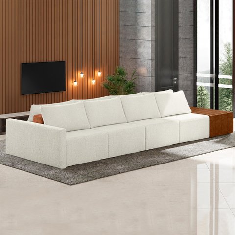 Sofá Ilha Modulado Milos 392cm Puff Lateral Offwhite Caramelo Manchado Bouclê/pu G33 - Gran Belo