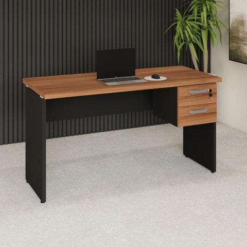 Mesa Escrivaninha Retangular 135cm x 60cm Tampo 30mm com Gaveteiro 2 Gavetas F5 Office Cor:Nogal com