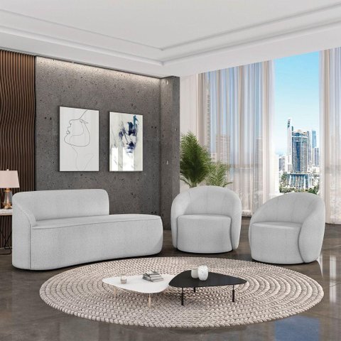 Sofá 3 Lugares Orgânico 180cm Morgan e 2 Poltronas Lua Bouclê Cinza