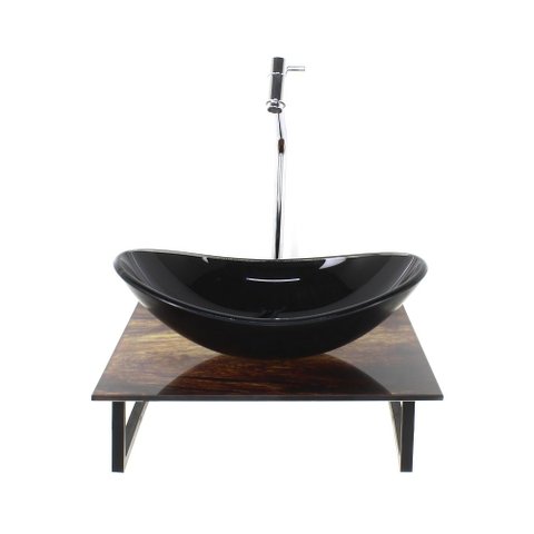 Gabinete de Vidro com Cuba Oval com Tampo de Vidro 40cm X 40cm Madeira Rustica Mais Torneira Metal
