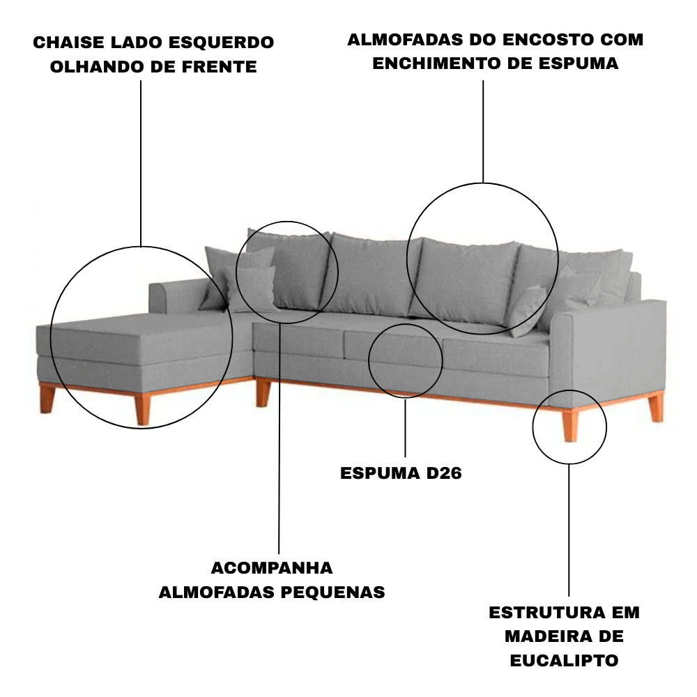 Sofá 4 Lugares Beny com Chaise Esquerdo Linho Cinza - 5