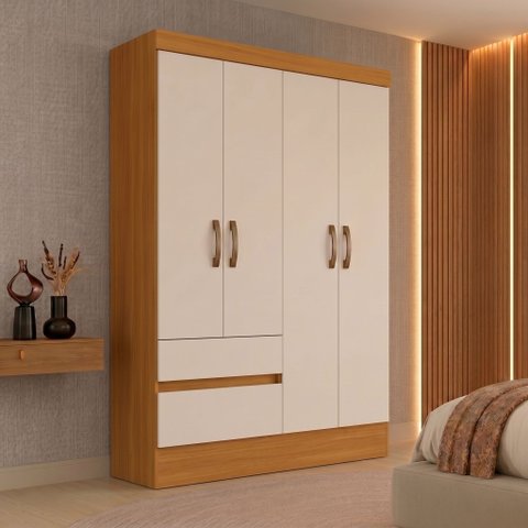 Guarda-Roupa Solteiro 4 Portas 2 Gavetas BS02 Off White/Cinamomo