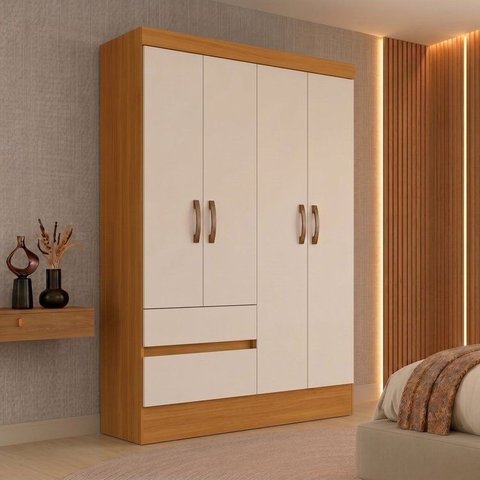 Guarda-Roupa Solteiro 4 Portas 2 Gavetas Lunaoff White/Cinamomo