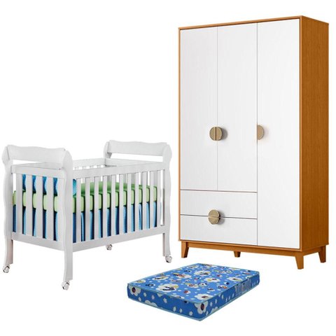 Berço Americano Lila com Colchão Ortobom com Guarda Roupa Ipê 3 Portas Branco Cinamomo- Móveis Albat